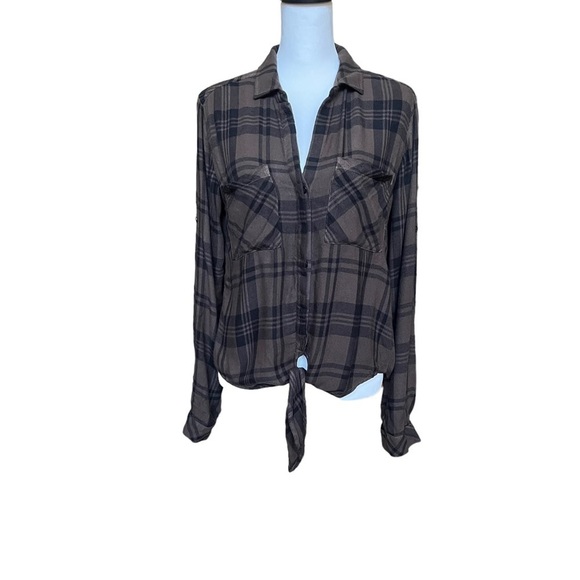 Cloth & Stone Plaid Long Sleeve Button Front Long Sleeve Top Green Black Size S - Picture 2 of 10